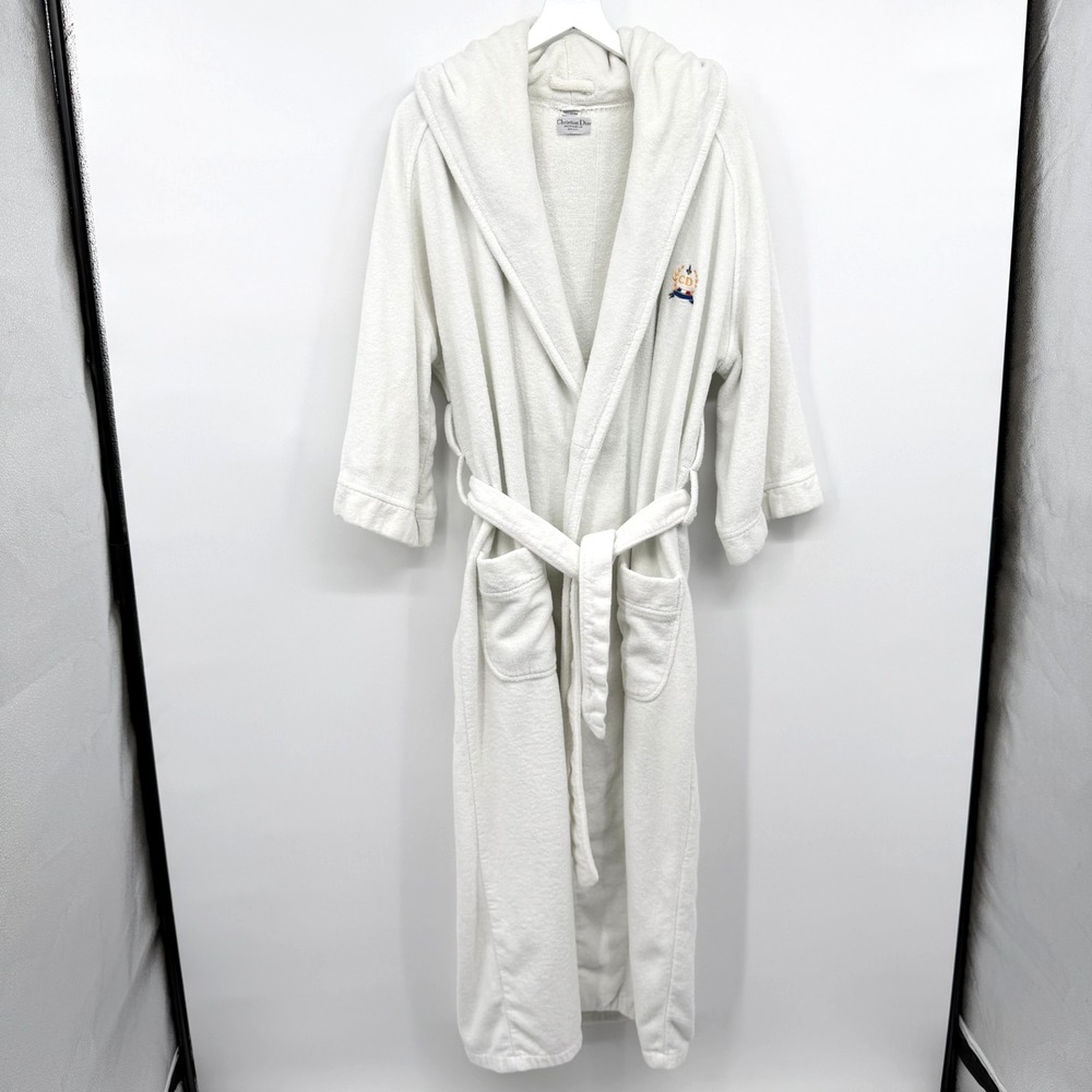 Vintage Christian Dior Monsieur Robe OS Terry Cloth Hooded Quiet Luxury Logo Spa